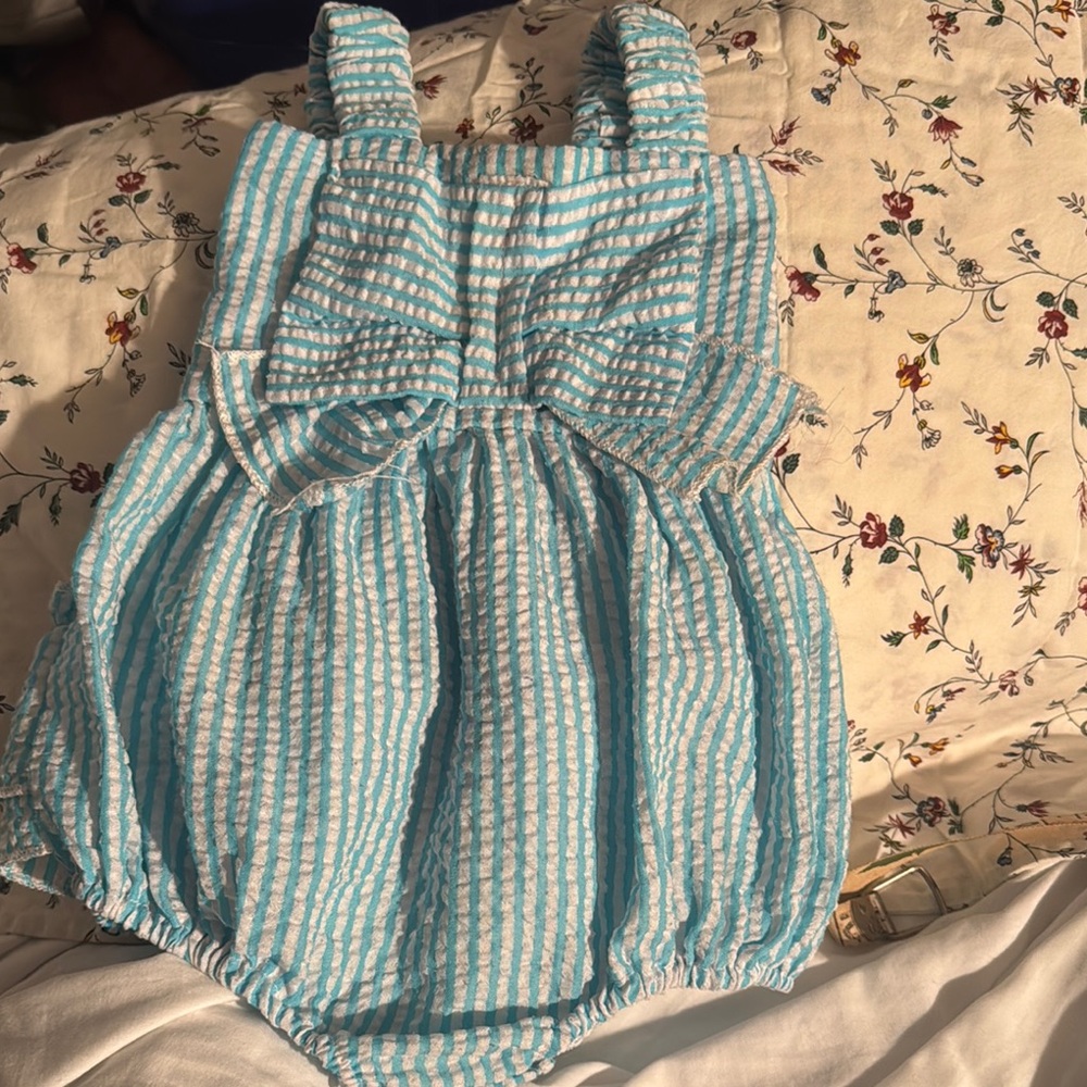FREE 6-9 mo Blue and White Striped Kids Romper